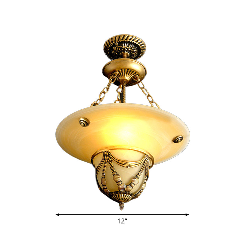 Traditional Brass Inverted Hat Shaped Chandelier - 3-Light, White Glass - Living Room Drop Lamp (12"/16"/19.5" W)