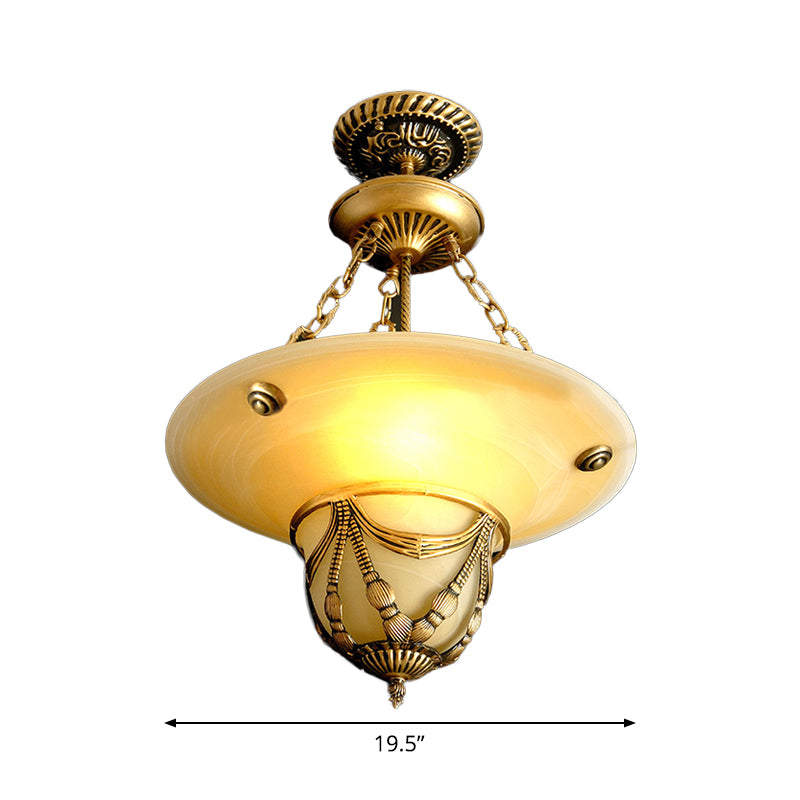 Traditional Brass Inverted Hat Shaped Chandelier - 3-Light, White Glass - Living Room Drop Lamp (12"/16"/19.5" W)