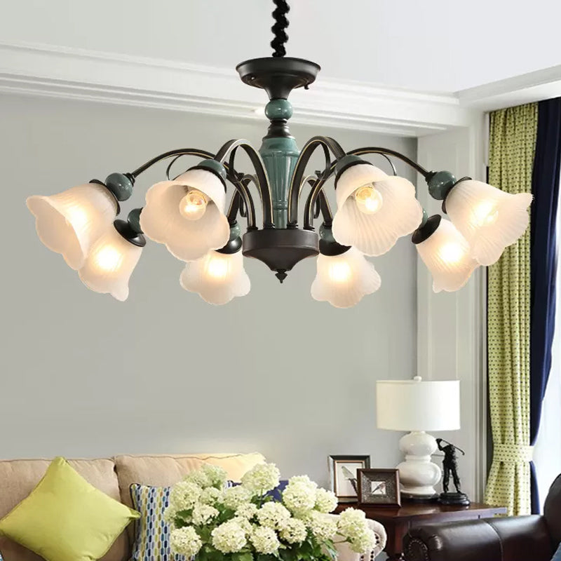 Peacock Green Rustic Ribbed Frosted Glass Chandelier - 5/6/8 Bulbs Drop Lamp with Flower Blossom Design