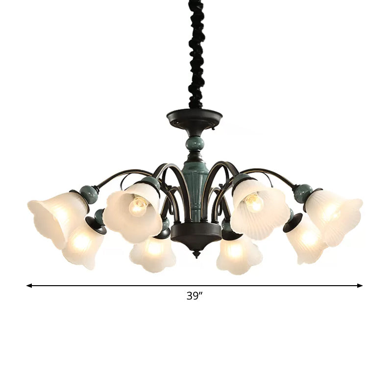 Peacock Green Rustic Ribbed Frosted Glass Chandelier - 5/6/8 Bulbs Drop Lamp with Flower Blossom Design