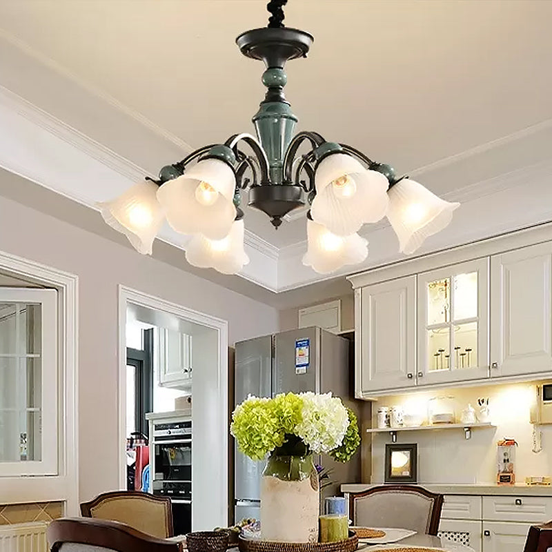 Peacock Green Rustic Ribbed Frosted Glass Chandelier - 5/6/8 Bulbs Drop Lamp with Flower Blossom Design