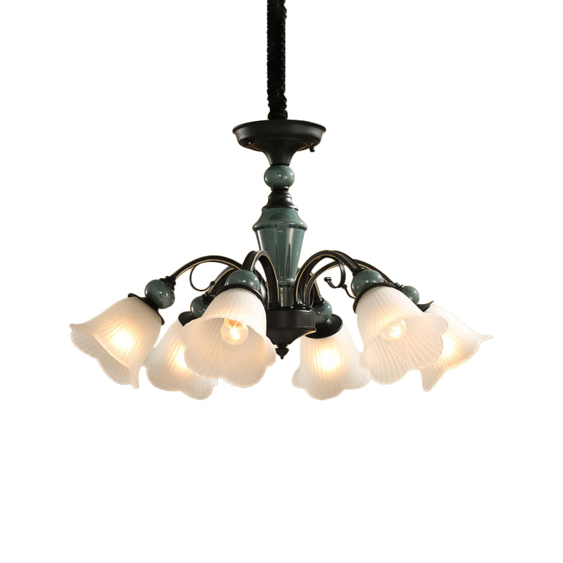 Peacock Green Rustic Ribbed Frosted Glass Chandelier - 5/6/8 Bulbs Drop Lamp with Flower Blossom Design