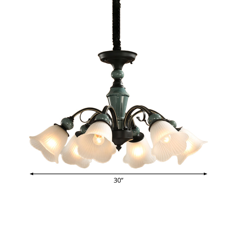 Peacock Green Rustic Ribbed Frosted Glass Chandelier - 5/6/8 Bulbs Drop Lamp with Flower Blossom Design