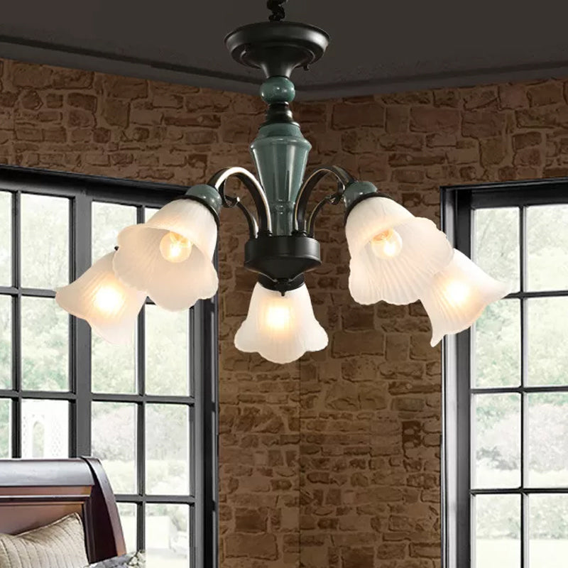 Peacock Green Rustic Ribbed Frosted Glass Chandelier - 5/6/8 Bulbs Drop Lamp with Flower Blossom Design