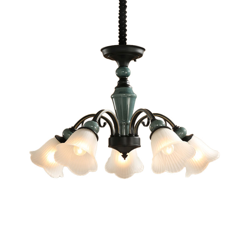 Peacock Green Rustic Ribbed Frosted Glass Chandelier - 5/6/8 Bulbs Drop Lamp with Flower Blossom Design