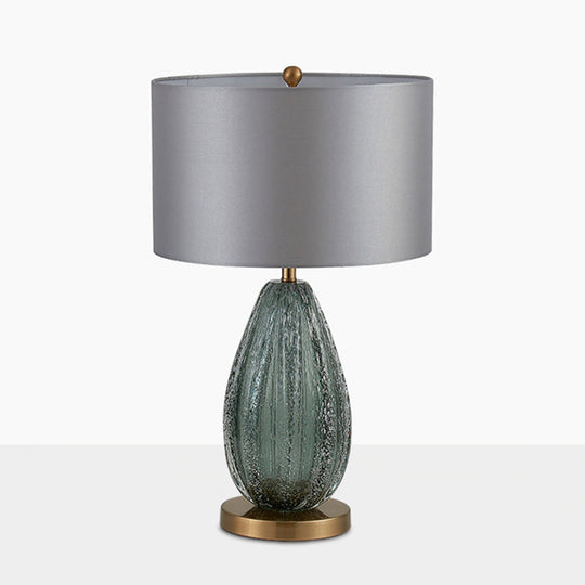Modern Blue Seeded Glass Ellipse Night Lamp - Grey Table Light with Drum Fabric Shade (12"/15" W)