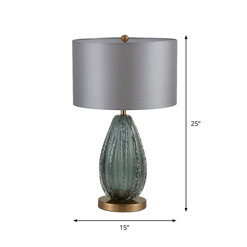 Modern Blue Seeded Glass Ellipse Night Lamp - Grey Table Light with Drum Fabric Shade (12"/15" W)