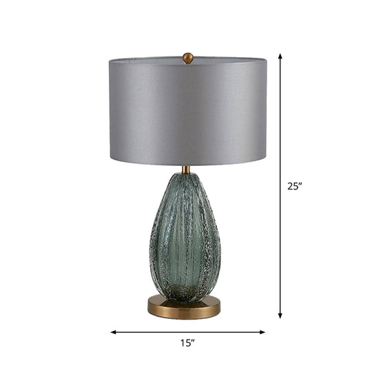 Modern Blue Seeded Glass Ellipse Night Lamp - Grey Table Light with Drum Fabric Shade (12"/15" W)