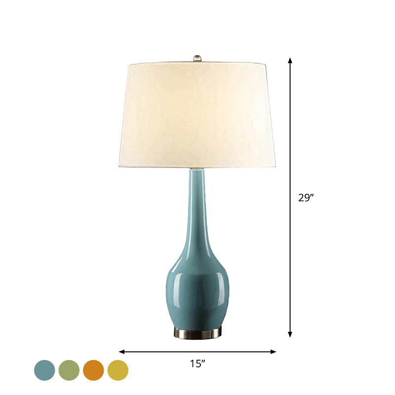 Modern Tapered Drum Table Light - Vibrant 1-Light Nightstand Lamp with Long Neck Vase Base in Yellow/Blue/Orange Fabric