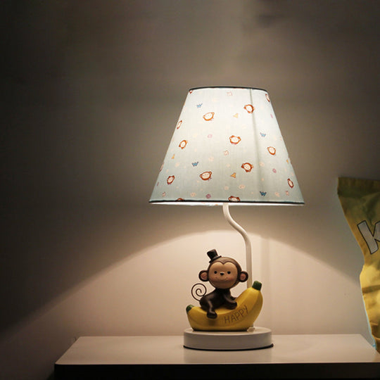 Kids' Bedroom Fabric Floral Table Light with Monkey Cartoon Reading Lamp in Beige