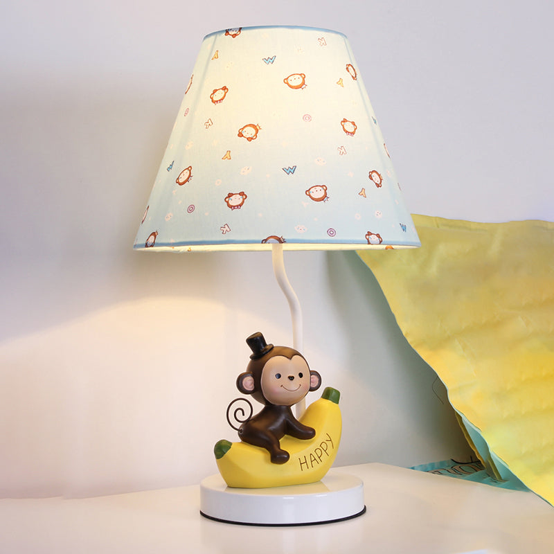 Kids' Bedroom Fabric Floral Table Light with Monkey Cartoon Reading Lamp in Beige