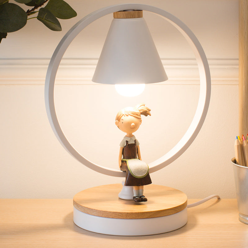 Stylish White Table Light for Kids Bedroom with Gilded Modern Resin Deco – 1-Head Conical Desk Lamp