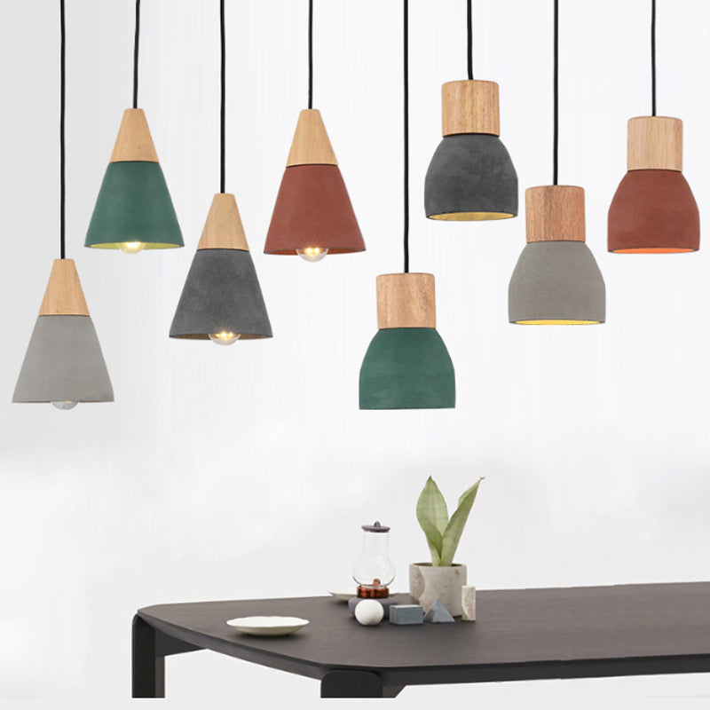Nordic 1-Head Cement Ceiling Hang Light with Wood Socket - Small Drop Pendant Bowl in Black, Red, Green