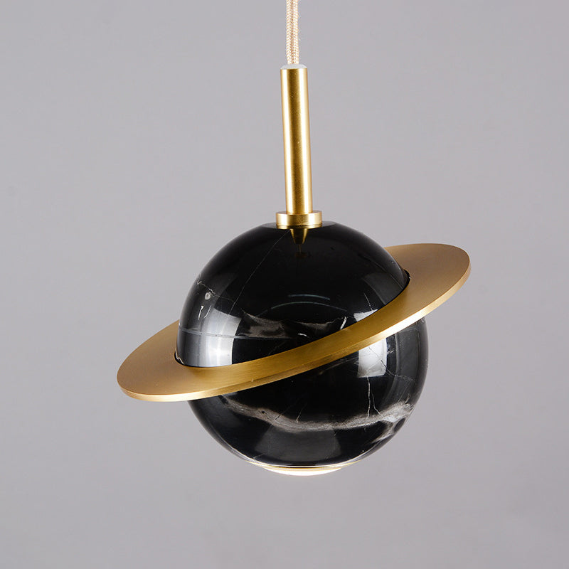 Marble Restaurant Pendant Lamp - Designer Globe Hanging Light with LED, Brass Ring (Black/White/Green)