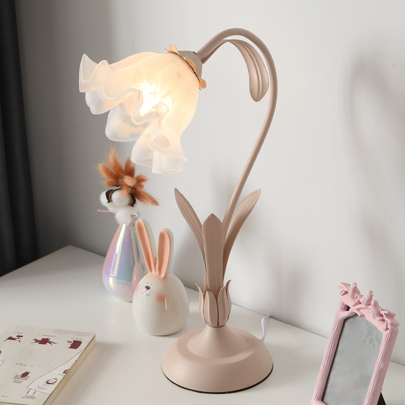 Countryside Frosted Glass Night Lamp - Flower Shape, 1-Light, Kids Room Table Light (Pink/Green)