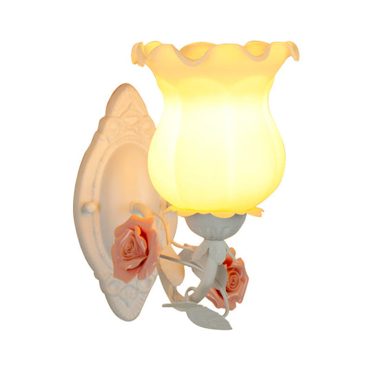 American Garden 1-Light Wall Sconce - Pink/Green/Blue - Frosted White Glass - Floral Design