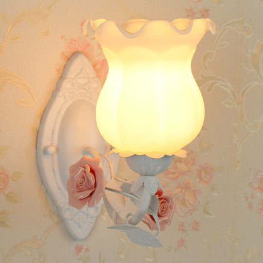 American Garden 1-Light Wall Sconce - Pink/Green/Blue - Frosted White Glass - Floral Design