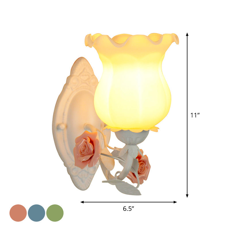American Garden 1-Light Wall Sconce - Pink/Green/Blue - Frosted White Glass - Floral Design