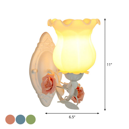 American Garden 1-Light Wall Sconce - Pink/Green/Blue - Frosted White Glass - Floral Design