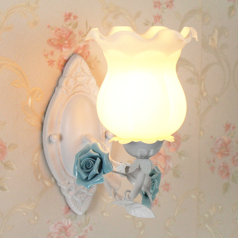 American Garden 1-Light Wall Sconce - Pink/Green/Blue - Frosted White Glass - Floral Design