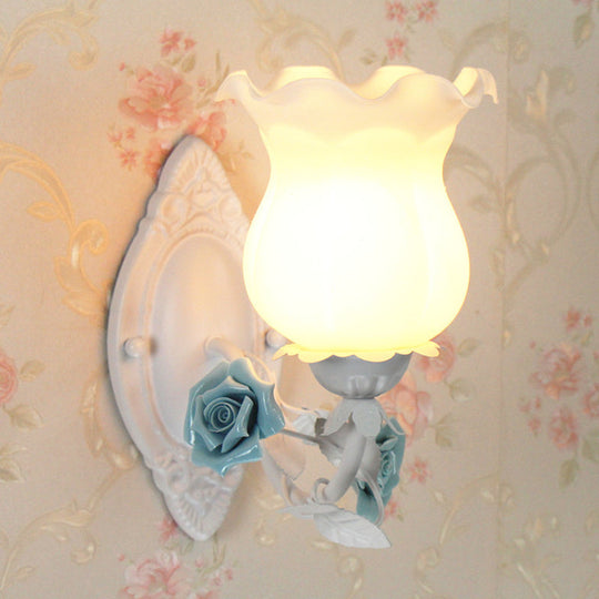 American Garden 1-Light Wall Sconce - Pink/Green/Blue - Frosted White Glass - Floral Design