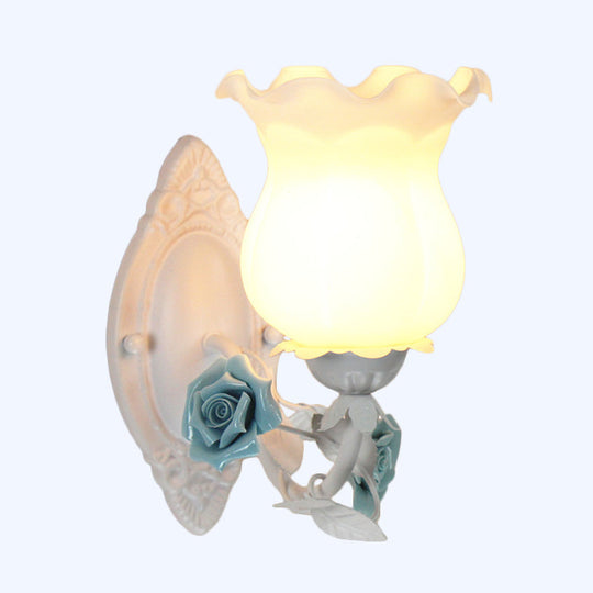 American Garden 1-Light Wall Sconce - Pink/Green/Blue - Frosted White Glass - Floral Design