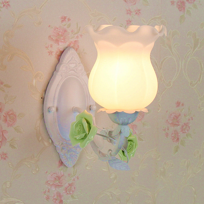 American Garden 1-Light Wall Sconce - Pink/Green/Blue - Frosted White Glass - Floral Design