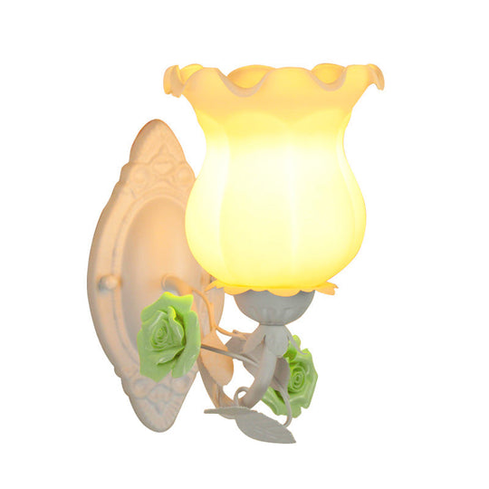 American Garden 1-Light Wall Sconce - Pink/Green/Blue - Frosted White Glass - Floral Design