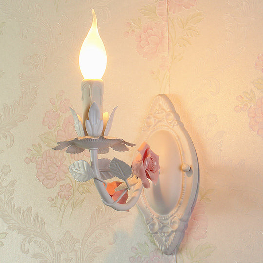 Pastoral Metallic Candle Wall Sconce: Blue/Pink 1-Light Lamp with Flower Deco