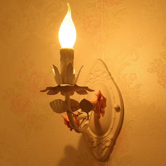 Pastoral Metallic Candle Wall Sconce: Blue/Pink 1-Light Lamp with Flower Deco