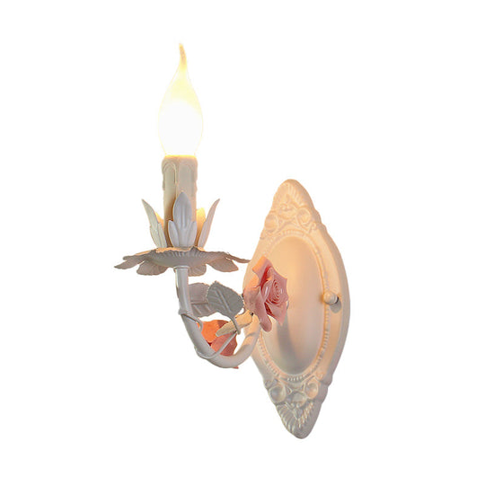 Pastoral Metallic Candle Wall Sconce: Blue/Pink 1-Light Lamp with Flower Deco