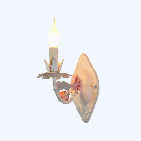 Pastoral Metallic Candle Wall Sconce: Blue/Pink 1-Light Lamp with Flower Deco