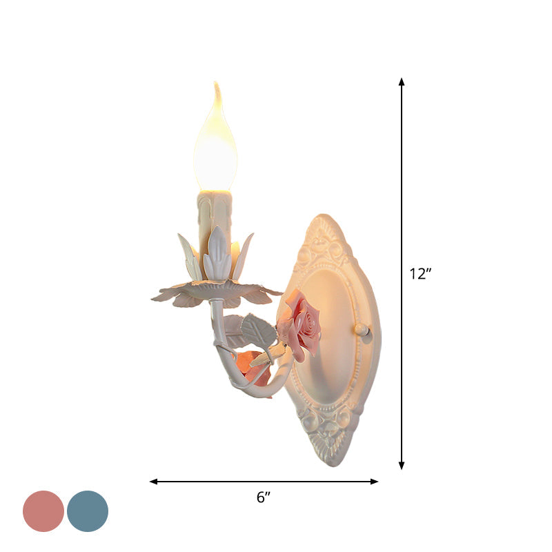 Pastoral Metallic Candle Wall Sconce: Blue/Pink 1-Light Lamp with Flower Deco