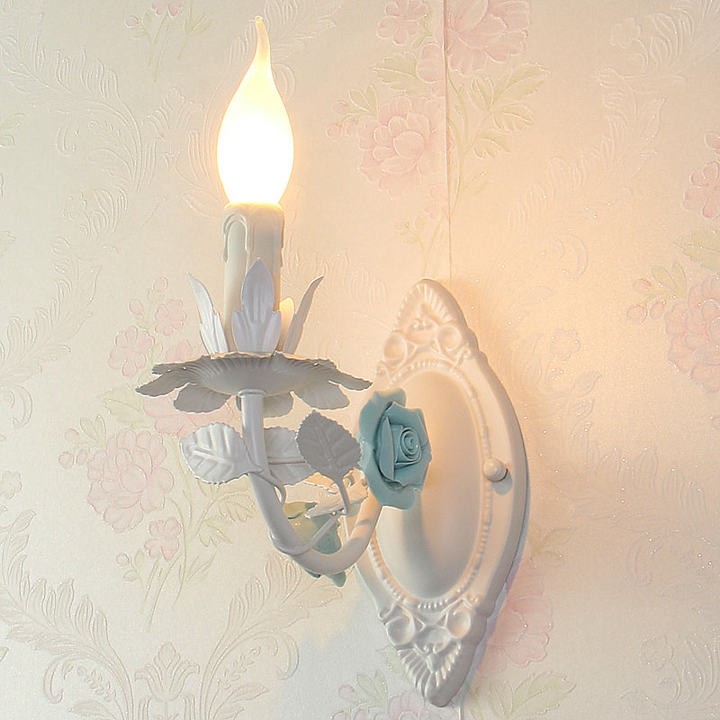 Pastoral Metallic Candle Wall Sconce: Blue/Pink 1-Light Lamp with Flower Deco