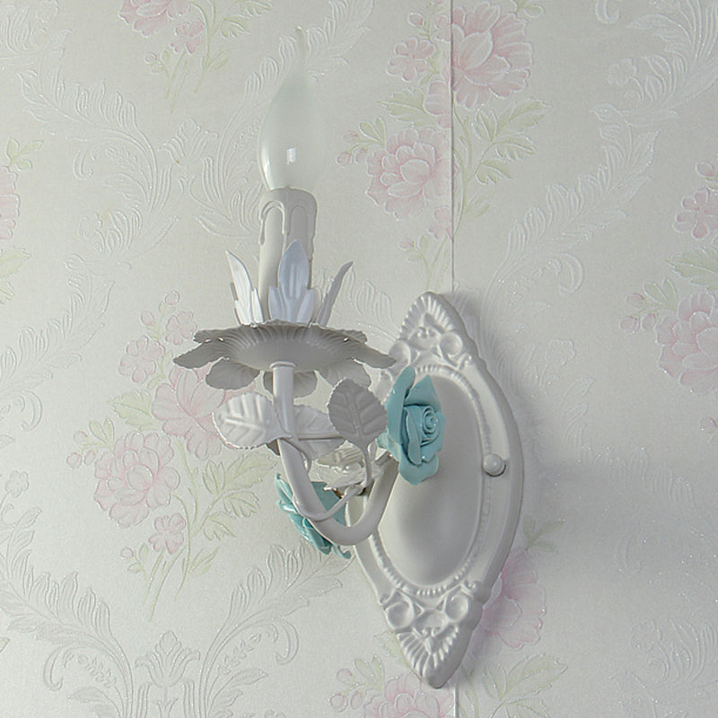 Pastoral Metallic Candle Wall Sconce: Blue/Pink 1-Light Lamp with Flower Deco