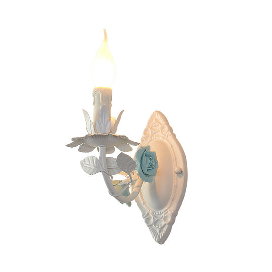 Pastoral Metallic Candle Wall Sconce: Blue/Pink 1-Light Lamp with Flower Deco