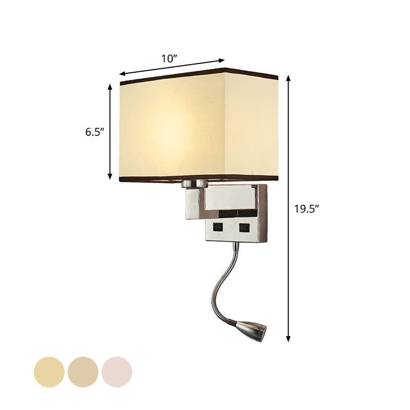 Minimalist Fabric Cuboid Wall Light Kit - 1-Light White/Beige Spotlight Sconce Lamp with Charging Port