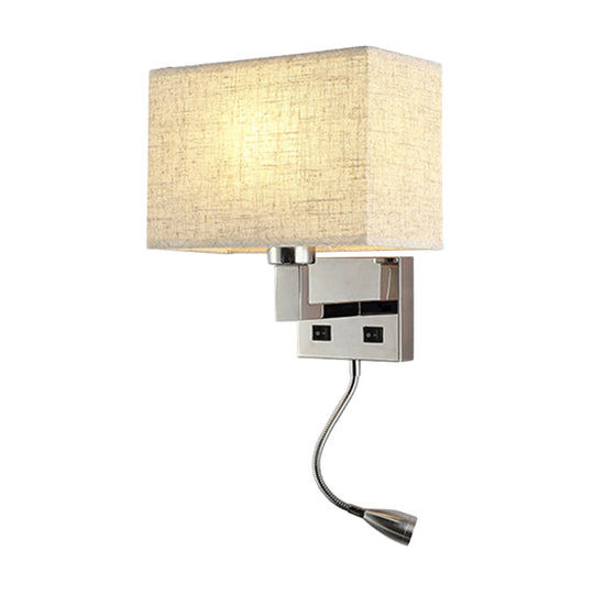 Minimalist Fabric Cuboid Wall Light Kit - 1-Light White/Beige Spotlight Sconce Lamp with Charging Port