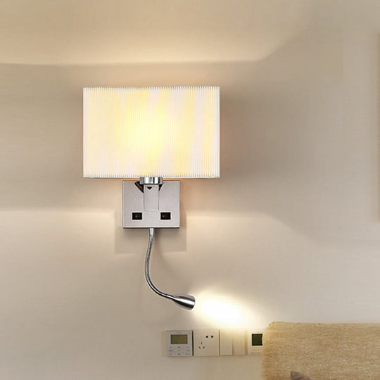 Minimalist Fabric Cuboid Wall Light Kit - 1-Light White/Beige Spotlight Sconce Lamp with Charging Port