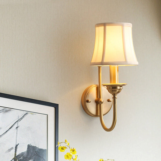 U-Shaped Arm Gold Wall Mounted Lamp: Flared Living Room Wall Lighting in Antiqued Fabric, 1 Bulb