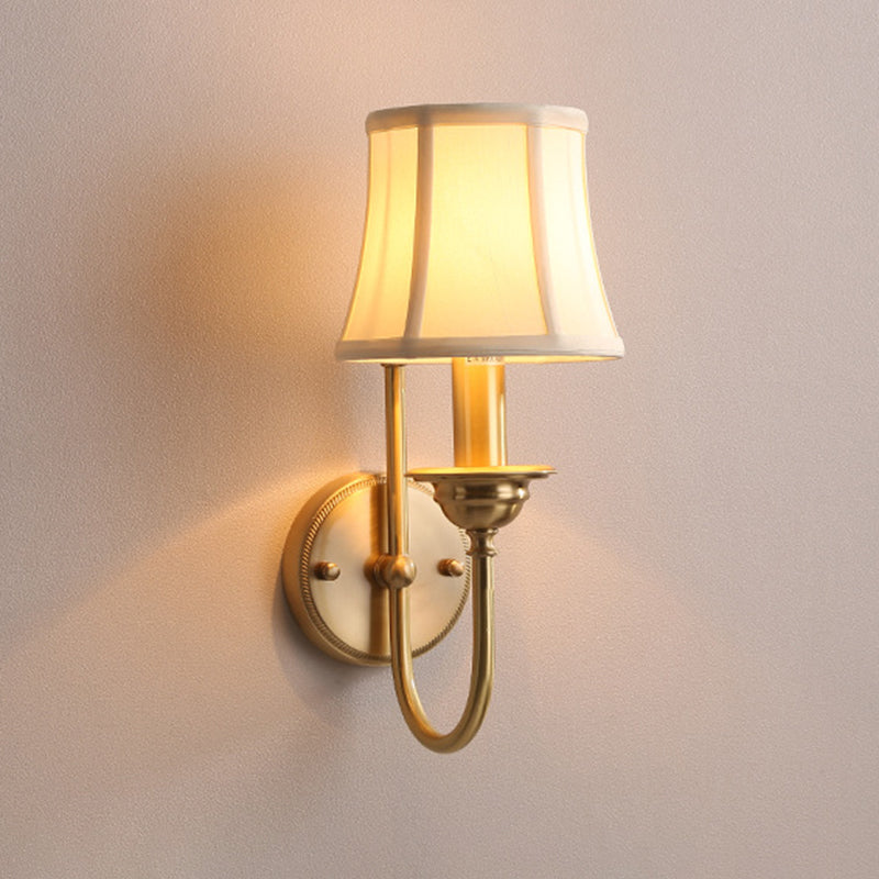 U-Shaped Arm Gold Wall Mounted Lamp: Flared Living Room Wall Lighting in Antiqued Fabric, 1 Bulb