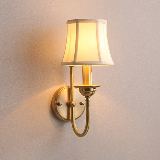 U-Shaped Arm Gold Wall Mounted Lamp: Flared Living Room Wall Lighting in Antiqued Fabric, 1 Bulb