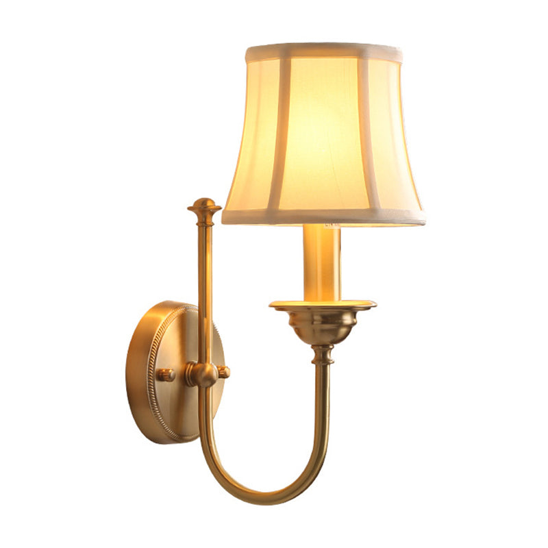 U-Shaped Arm Gold Wall Mounted Lamp: Flared Living Room Wall Lighting in Antiqued Fabric, 1 Bulb