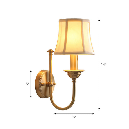 U-Shaped Arm Gold Wall Mounted Lamp: Flared Living Room Wall Lighting in Antiqued Fabric, 1 Bulb