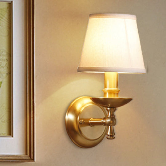 Golden Wall Mount Light with Traditional Fabric Tapered Shade - Bedroom Fixture