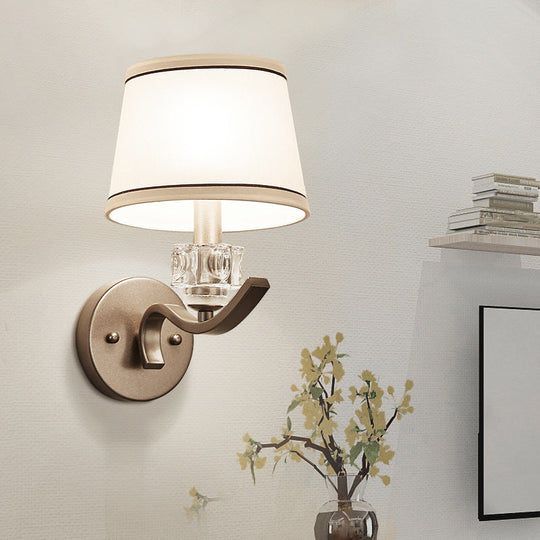 Frustum Shaped White Fabric Wall Lamp with Crystal Ornament, Minimalist 1-Bulb Light Kit