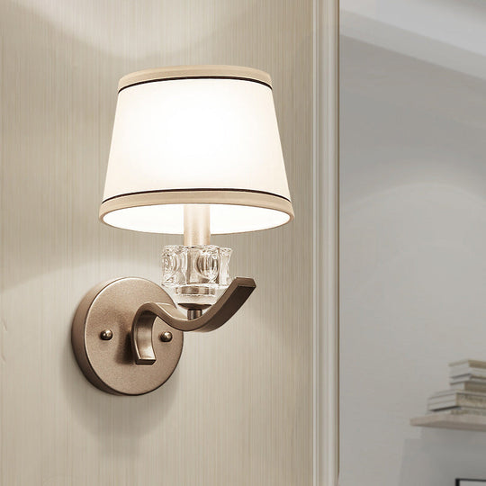 Frustum Shaped White Fabric Wall Lamp with Crystal Ornament, Minimalist 1-Bulb Light Kit