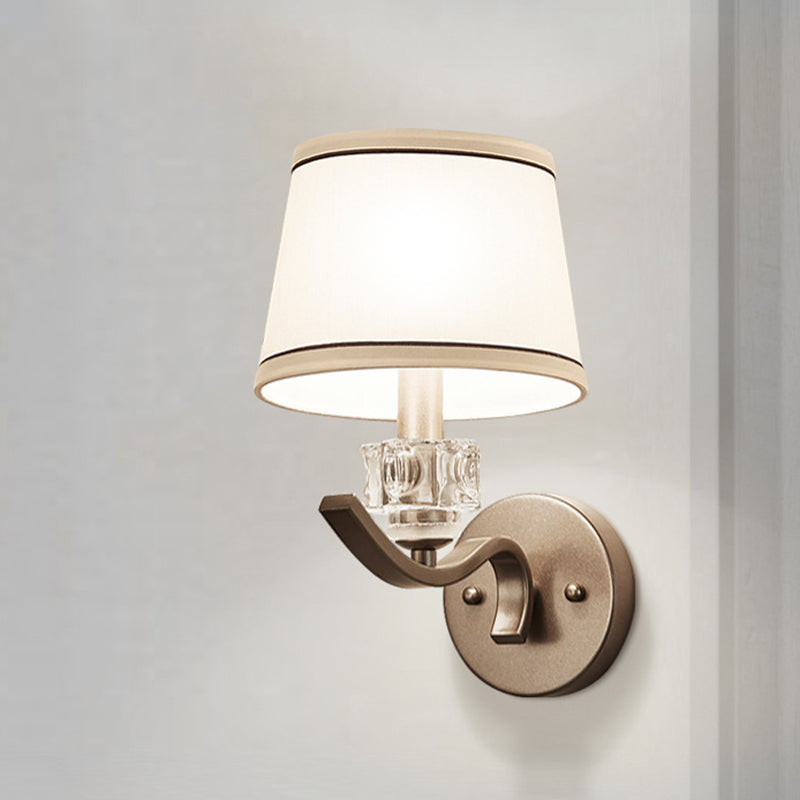 Frustum Shaped White Fabric Wall Lamp with Crystal Ornament, Minimalist 1-Bulb Light Kit