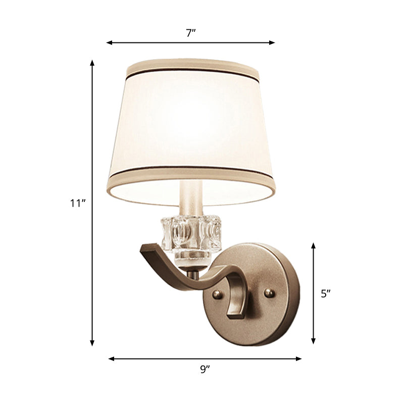 Frustum Shaped White Fabric Wall Lamp with Crystal Ornament, Minimalist 1-Bulb Light Kit
