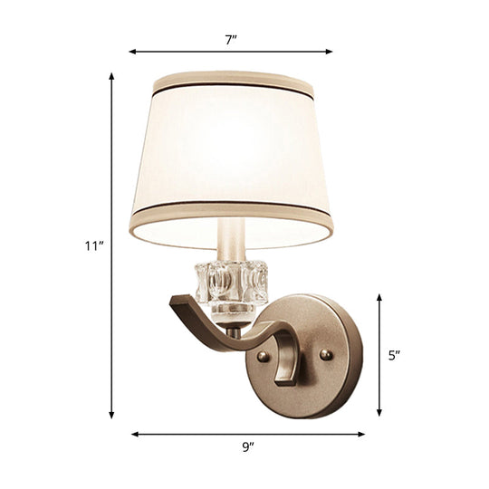 Frustum Shaped White Fabric Wall Lamp with Crystal Ornament, Minimalist 1-Bulb Light Kit
